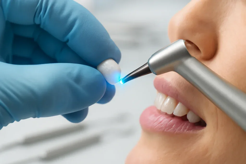 dentista usando una herramienta para pegar una carilla dental