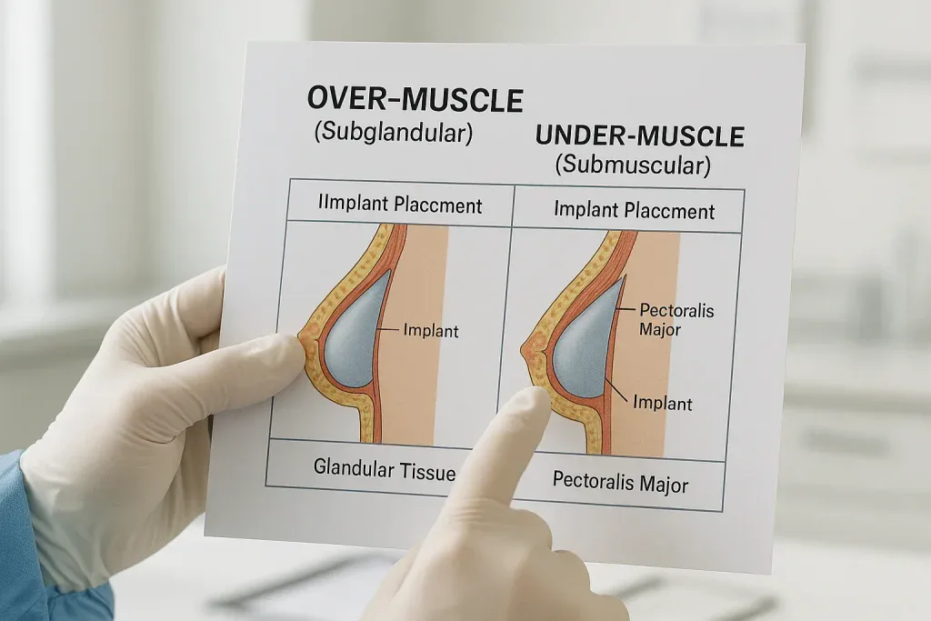 diagrama medicală detaliată comparând implanturile deasupra și sub mușchi