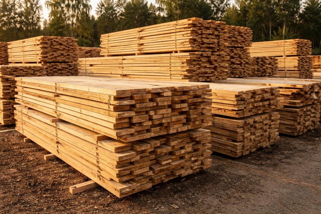 Stacks of raw cut lumber air-drying outdoors, with neatly piled wooden boards separated by spacers at a lumber yard