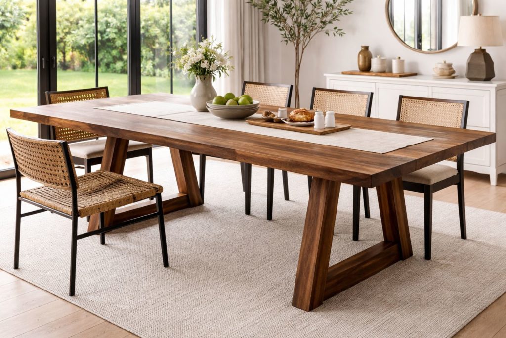 Custom-made walnut dining table with elegant A-frame legs in a modern, minimalist dining interior.