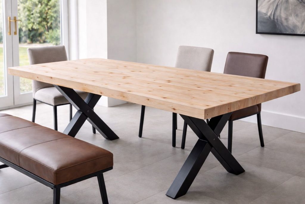 Swedish pine dining table with black X-frame metal legs by The Mensa Table Company