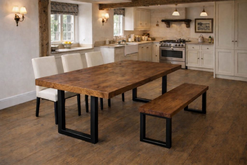 Handcrafted solid pine dining table and bench with visible end-grain edges