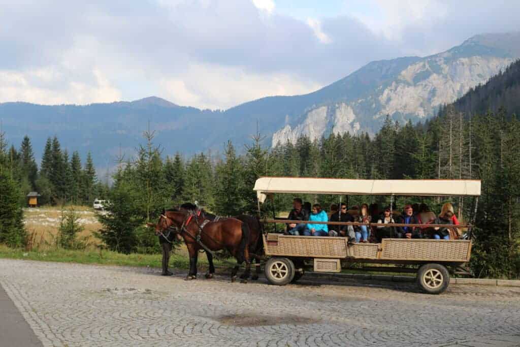 A horse-drawn carriage with passengers is parked on a cobblestone road in Zakopane, with mountains and pine trees in the background&mdash;an idyllic travel tip for those visiting nearby Morskie Oko.