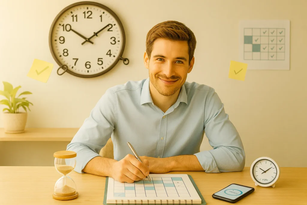 Stressed man, divided workspace, time management concept.