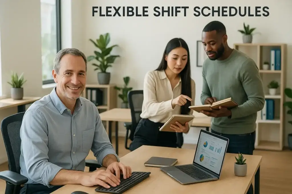 Colleagues discussing flexible work schedules in office.