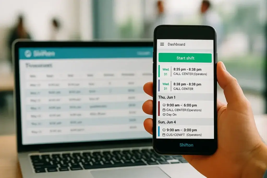 Person using shift scheduling app on phone.