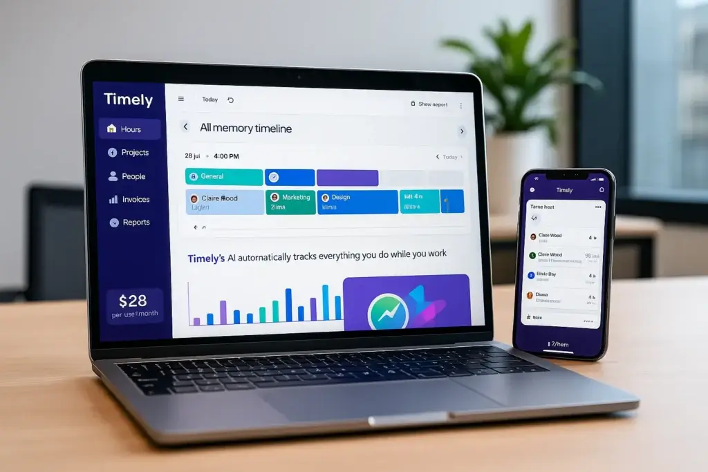 Timely app displayed on laptop and smartphone.