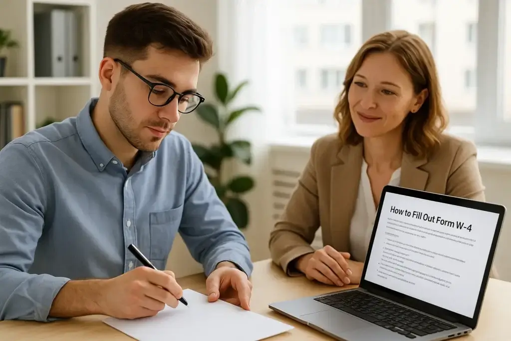 Woman assists man filling W-4 tax form.
