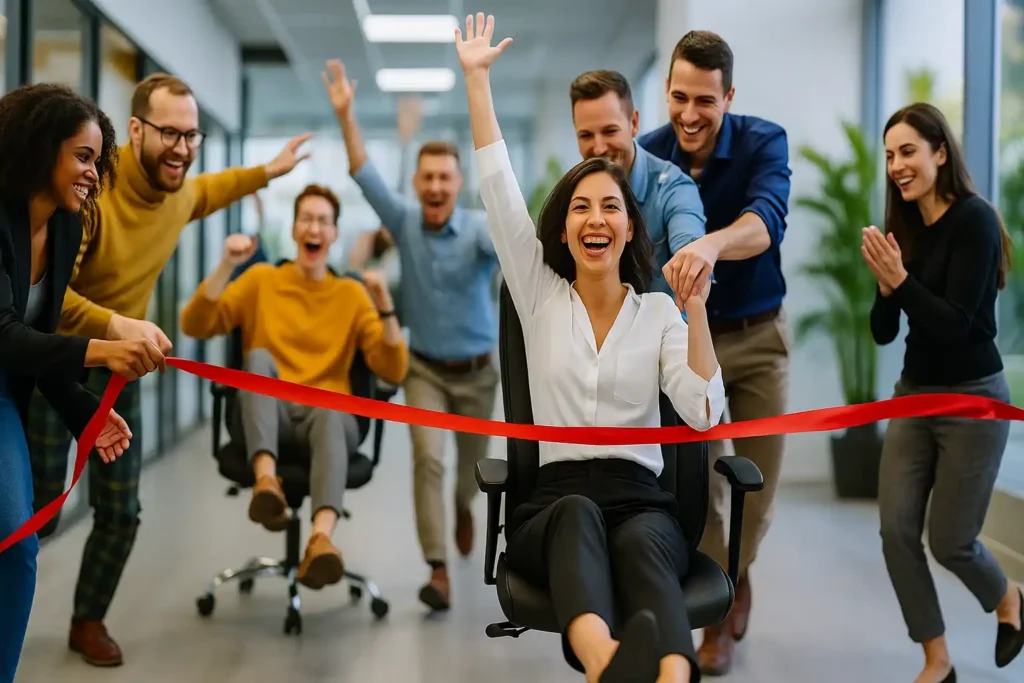 Team celebrating office chair race victory