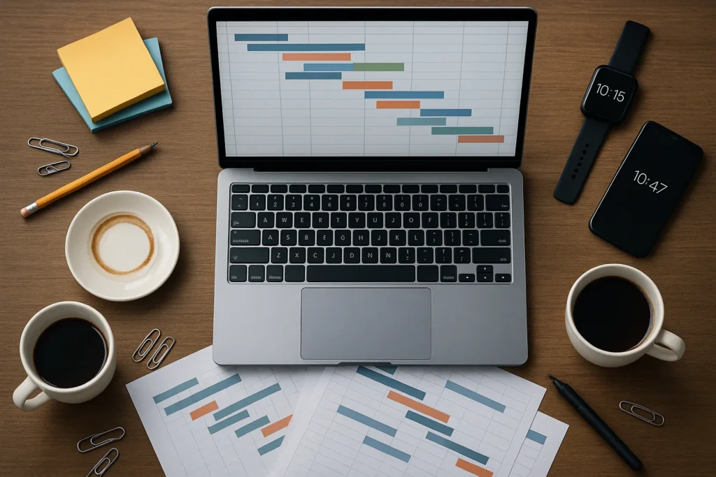Desk with laptop, spreadsheets, and stationery items.