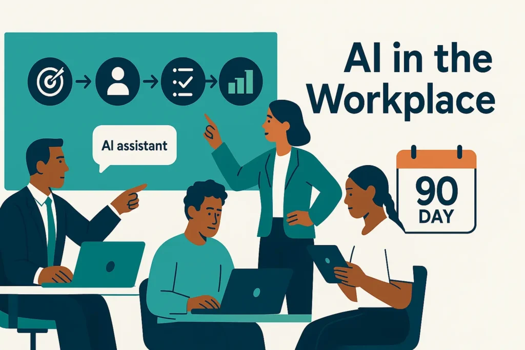 AI in the workplace illustration: a diverse team collaborates with an on-screen AI assistant during a planning meeting.