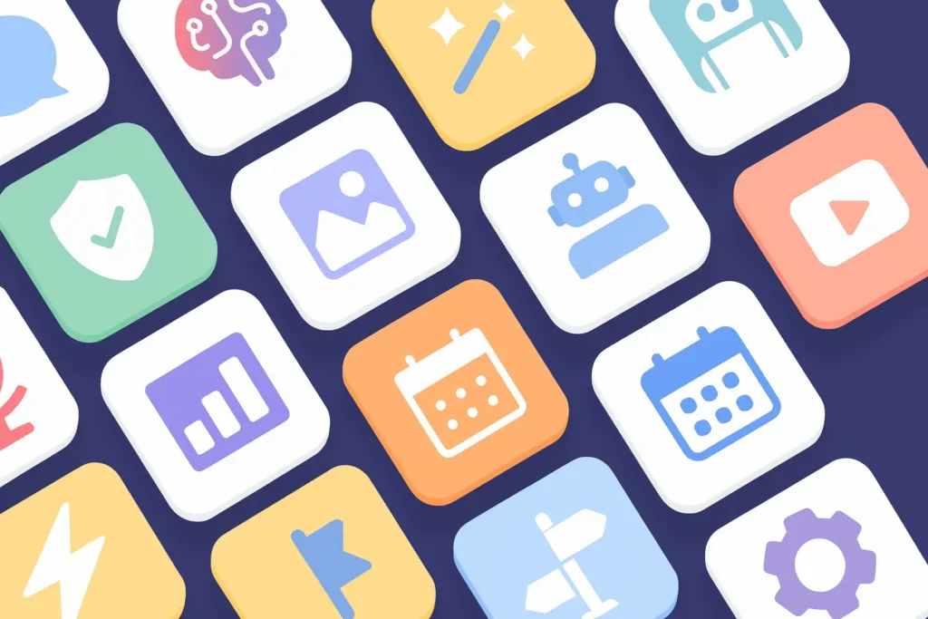 Colorful app icons with various symbols.