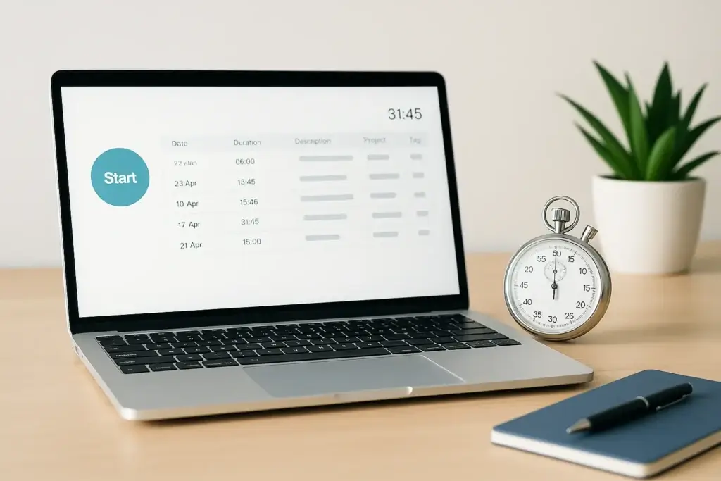 Laptop showing time management software with stopwatch.