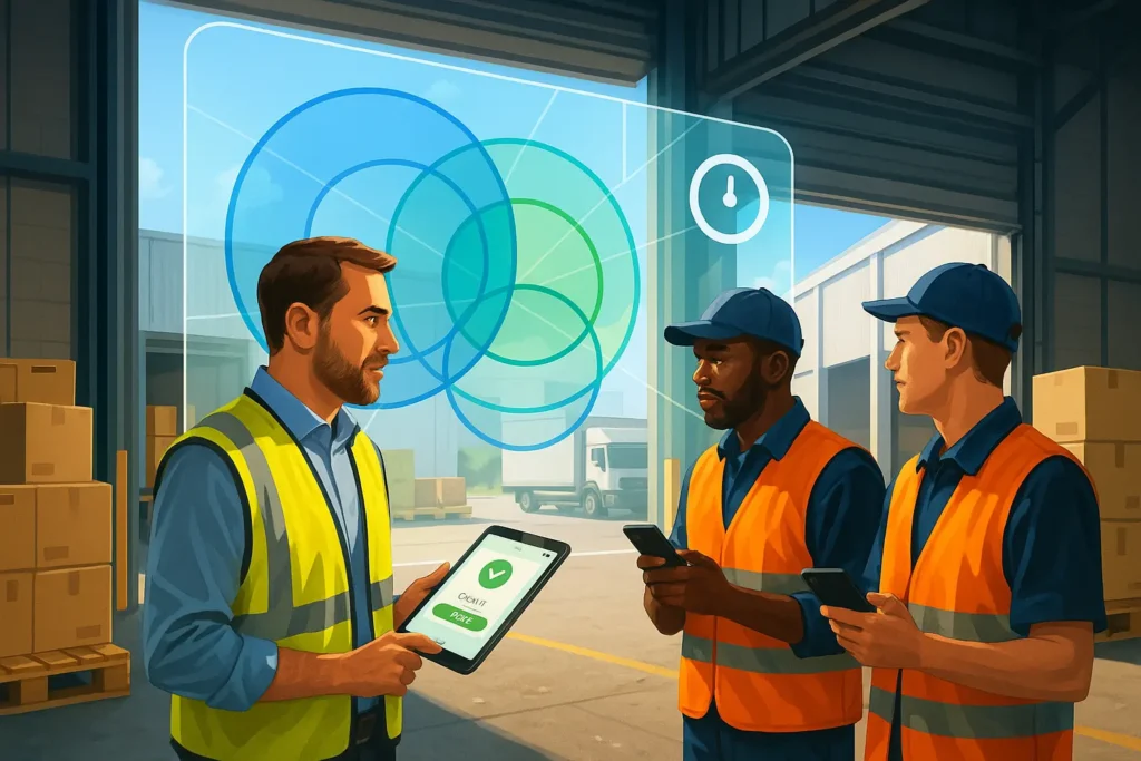 Three warehouse employees in high-vis vests study a tablet map displaying two overlapping geofence circles and a clock icon that marks schedule-based activation, while holding smartphones showing a green “Clock In” button.