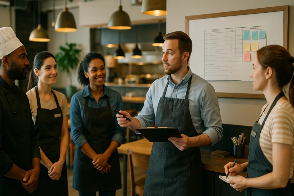 Pre-shift restaurant team briefing with manager holding a clipboard beside a wall schedule.