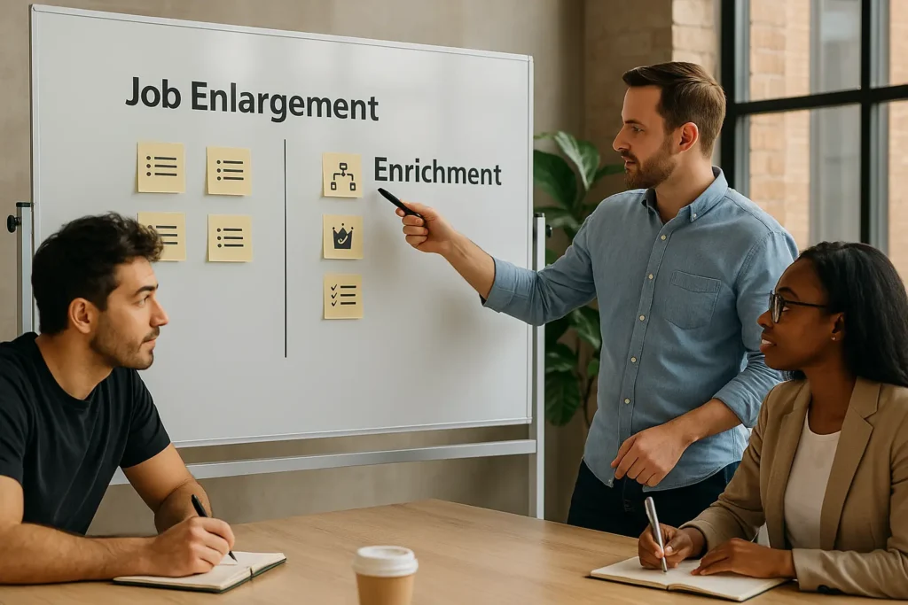 Team comparing job enlargement vs job enrichment on a whiteboard during a planning meeting