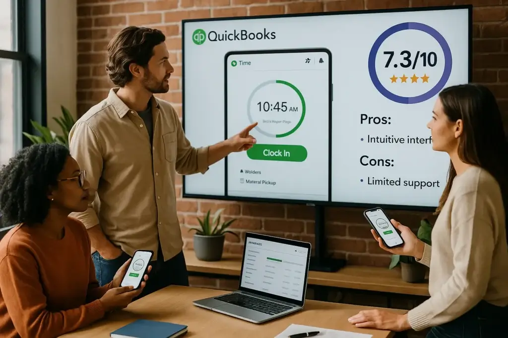 Three smiling employees in a modern loft office review a large wall screen showing the QuickBooks Time dashboard while holding phones with the same app open.