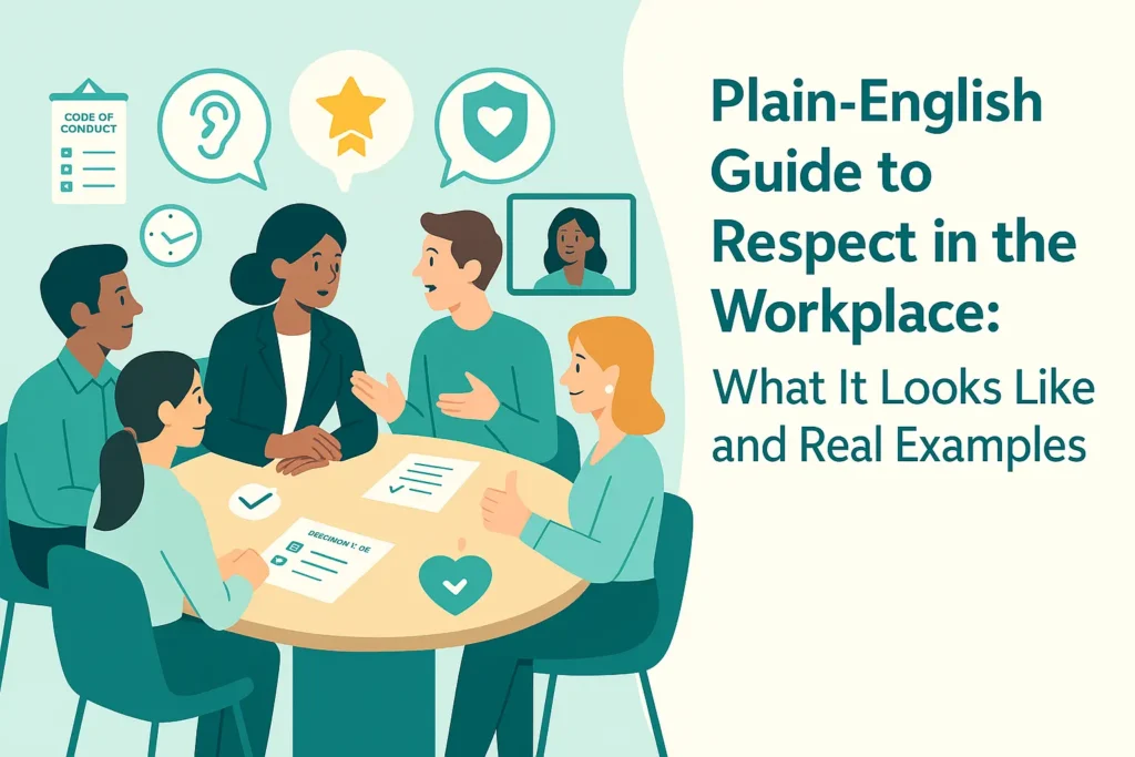 Illustration of a respectful team meeting at a round table, with icons for ideas, checklists and safety—Plain-English Guide to Respect in the Workplace.