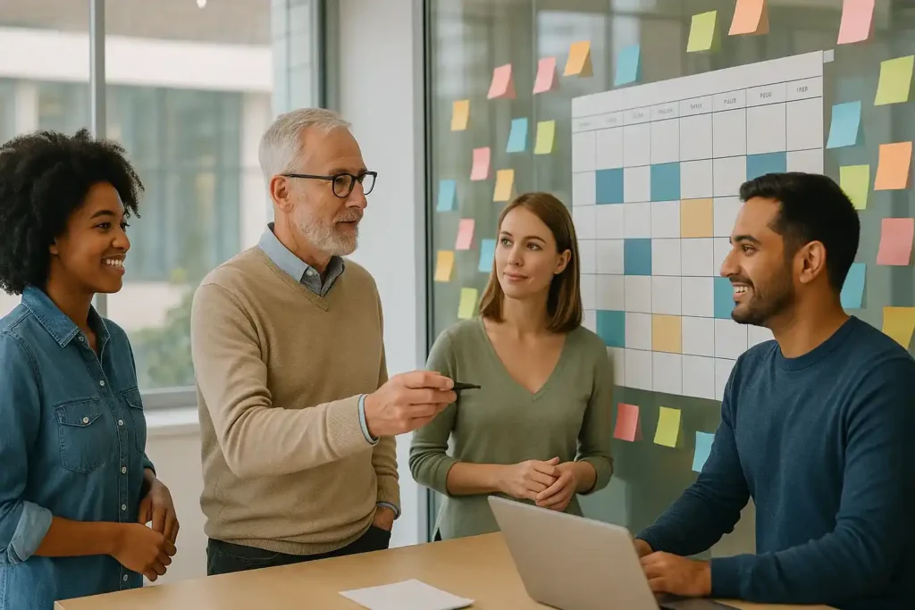 A modern team co-creates a flexible schedule—transparent, human-first, and easy to adapt.