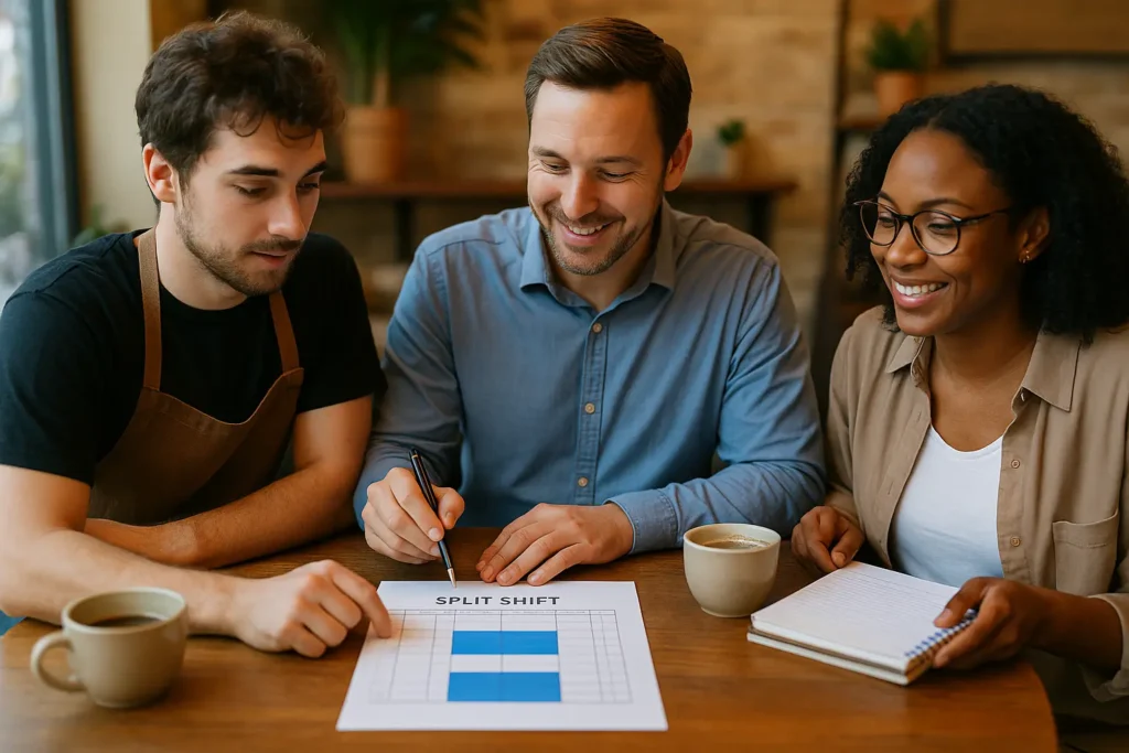 Three coworkers reviewing a split shift schedule on paper over coffee