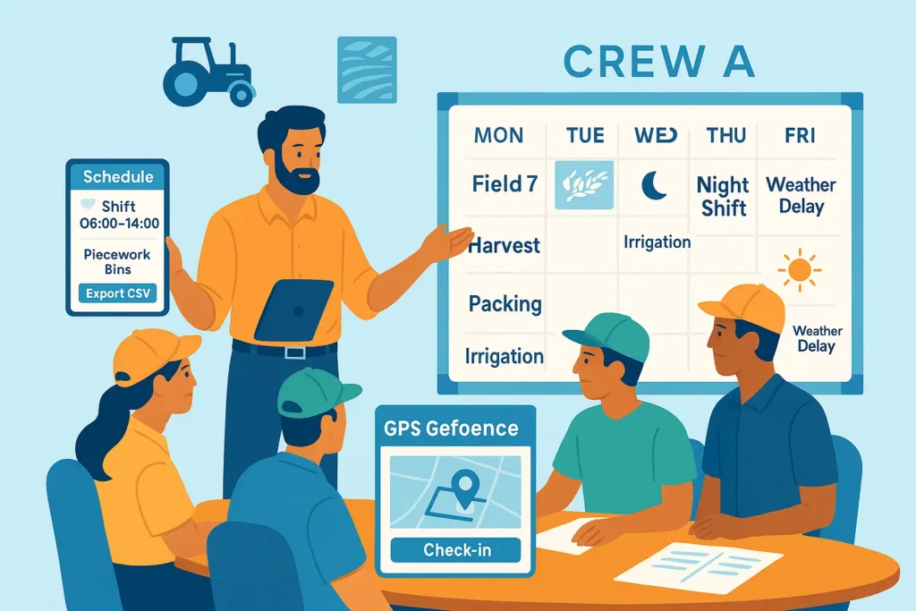Crew A planning farm shifts on a whiteboard: schedule, Field 7, night irrigation, weather delay, and GPS geofence check-in.