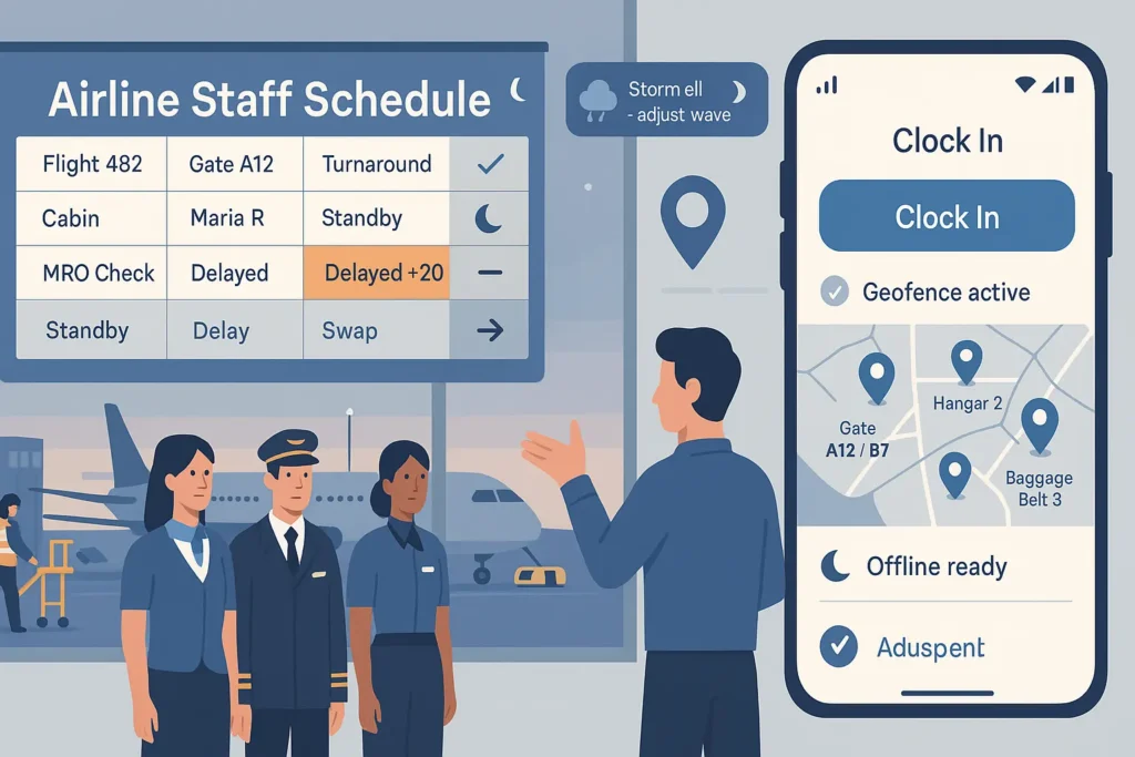 Airport supervisor checks a phone with a staff scheduling app showing crew roster, gate assignments, GPS geofence check-in and offline mode.