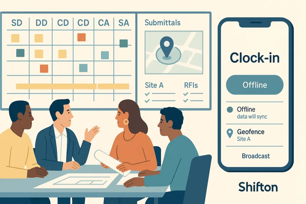 Team discussing architectural project management with schedule board and Shifton clock-in app on screen