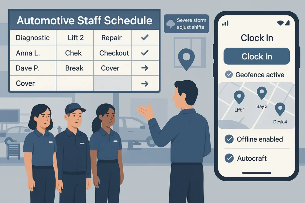 Automotive Staff Schedule software illustration showing staff shifts, geofencing, and mobile clock-in