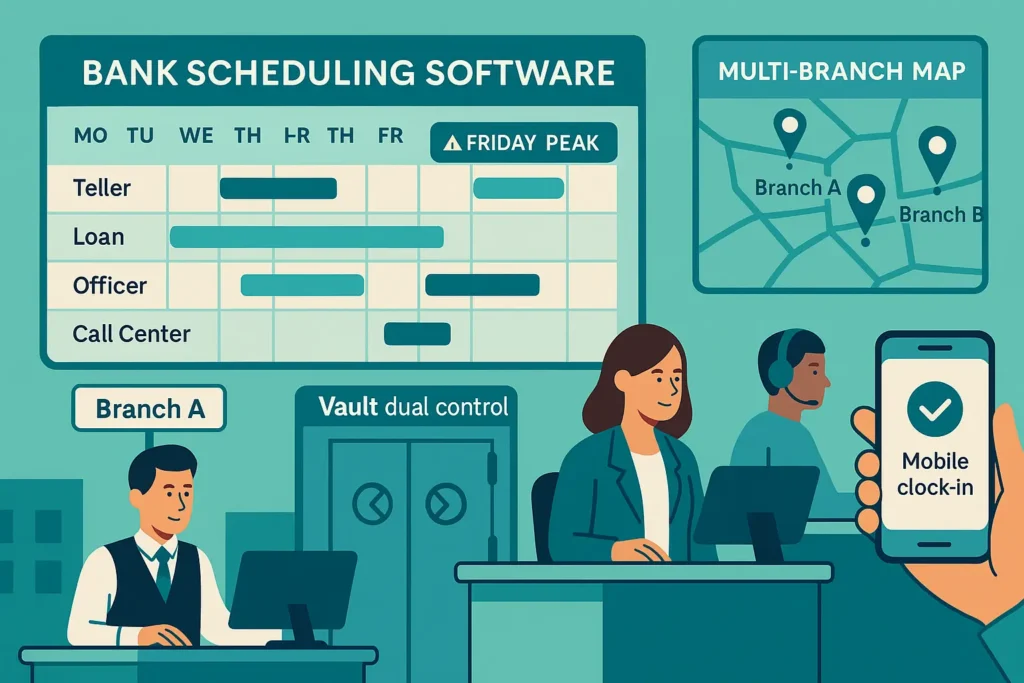 Bank employee scheduling software interface with staff shifts, call center, and mobile check-in screen