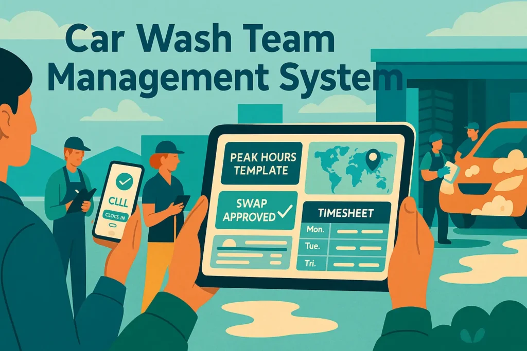 Car Wash Team Management System interface with staff using a tablet at a car wash station.