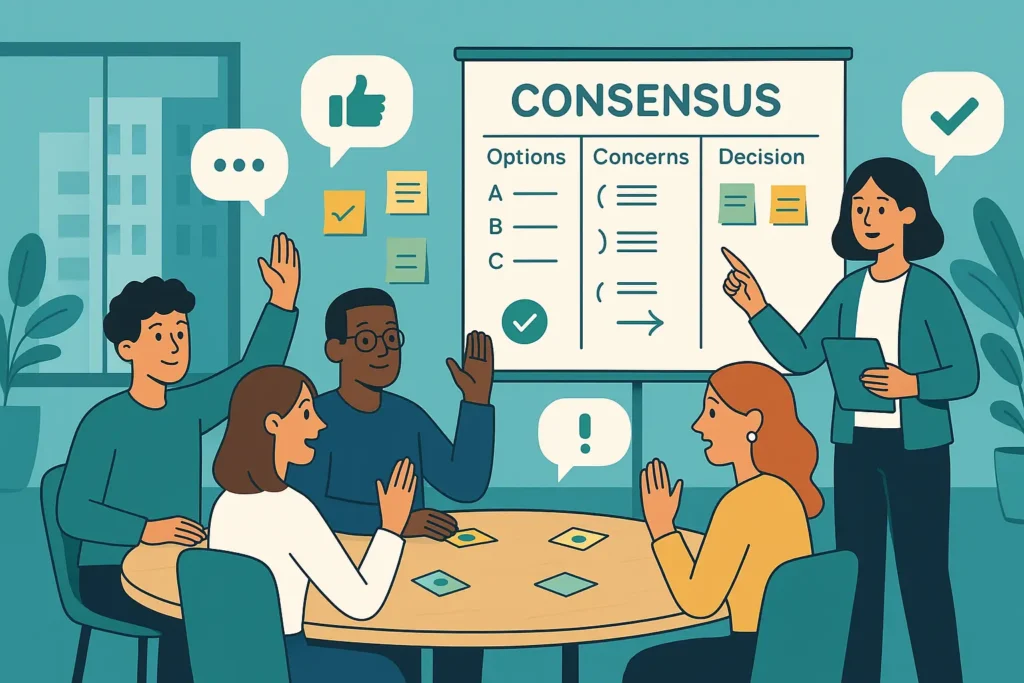 Team reaches Consensus Decision-Making; a facilitator records options and the final decision on the board.