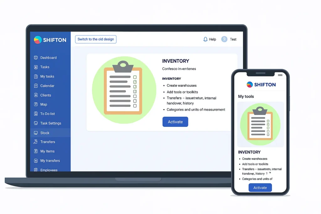 ShiftOn dashboard with inventory management features.
