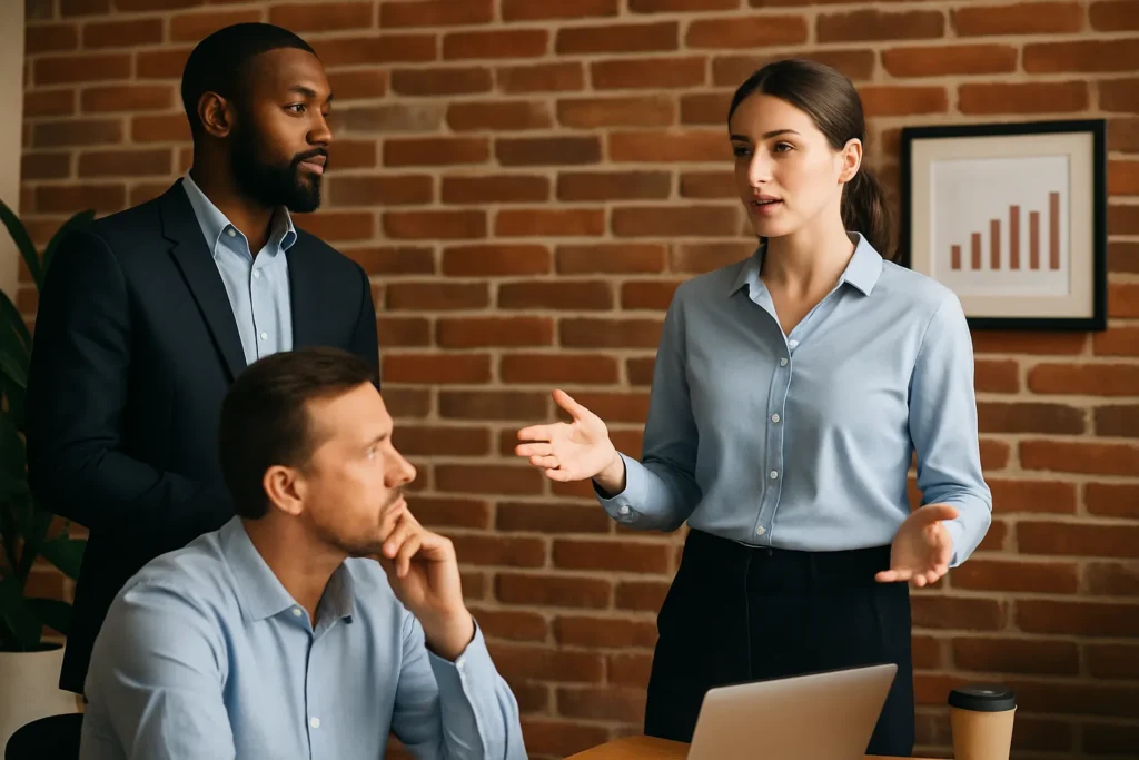 Three professionals in discussion illustrating leader vs. manager differences