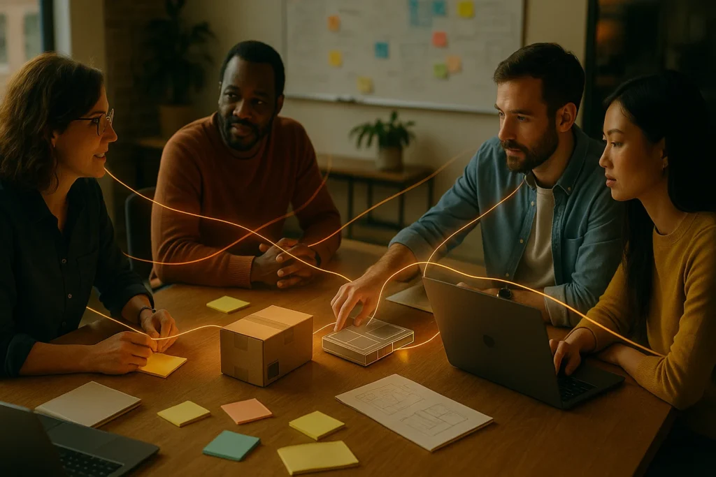 Team collaboration session with laptops, sticky notes, and glowing lines symbolizing idea flow.