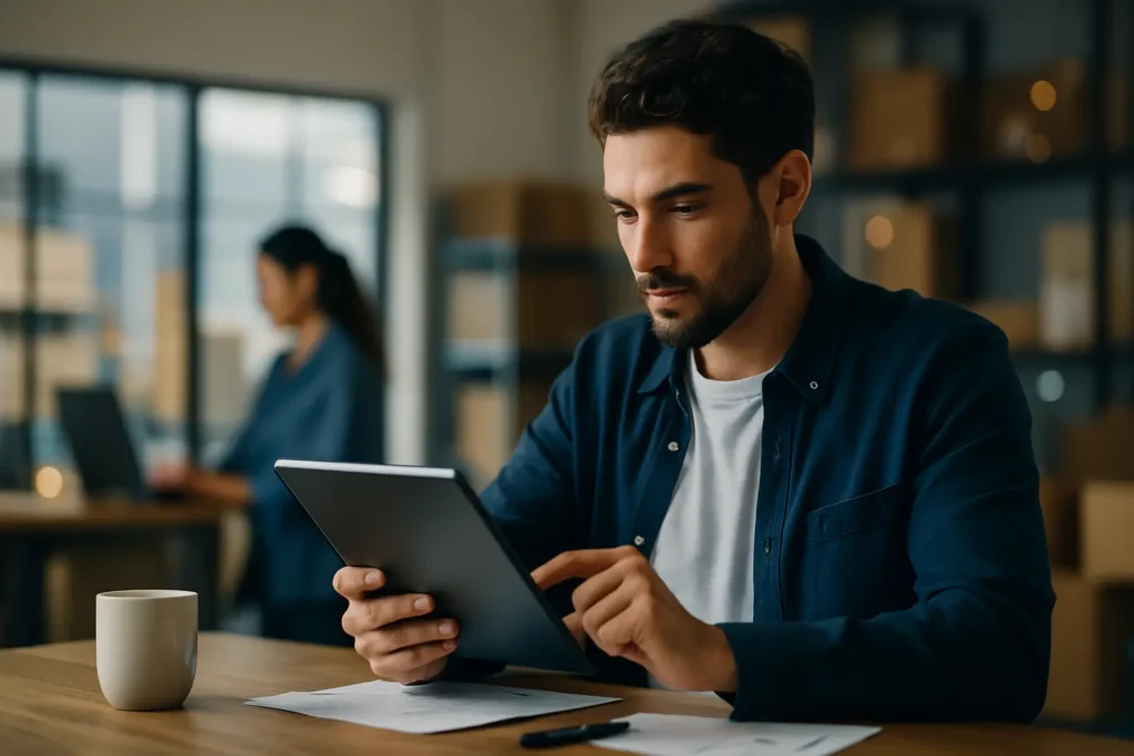 Operations manager reviews tasks on a tablet in a real workspace — candid scene with copy space.