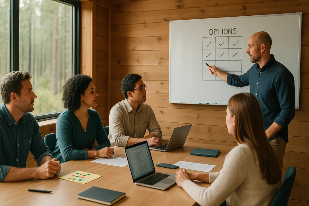 Facilitator leads an offsite decision workshop in a wood-paneled room; small team reviews an options grid on a whiteboard; focused, outcome-driven mood.