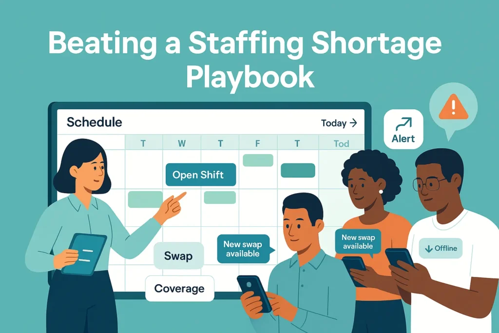Team reviews the shift schedule during a staffing shortage—gaps marked, open shifts shown, mobile alerts ready for quick backfills.