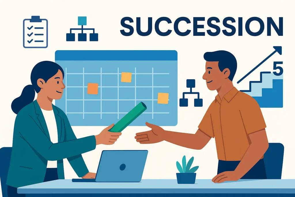 Colleagues planning succession at a company: reviewing talent pipeline, charts, and a checklist on screen — “SUCCESSION”.