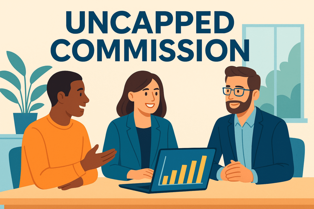 Business team discussing strategies for uncapped commission in a modern office setting