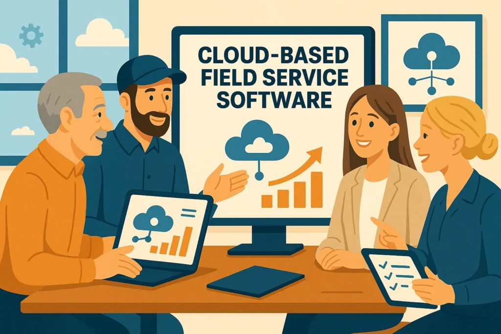 Team collaborating on cloud based field service software using laptops and tablets in a modern office