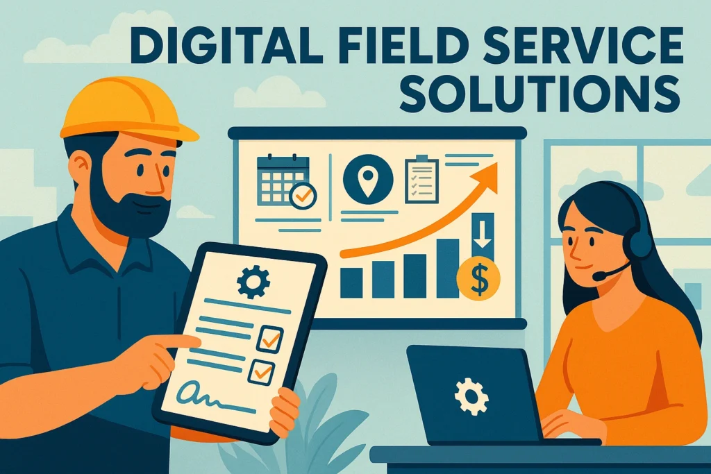 Team using digital field service solutions on tablets and laptops in a modern workspace