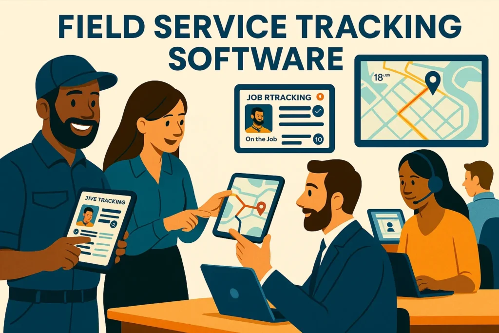 Managers and field technicians using field service tracking software with real-time GPS dashboard and analytics interface