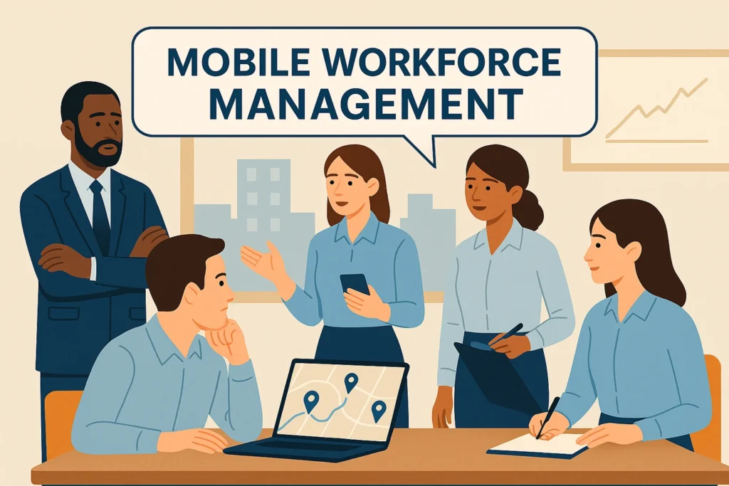 Team meeting about mobile workforce management strategy using digital tools