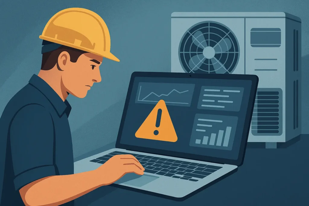 Technician using predictive maintenance software on a laptop to prevent HVAC equipment downtime