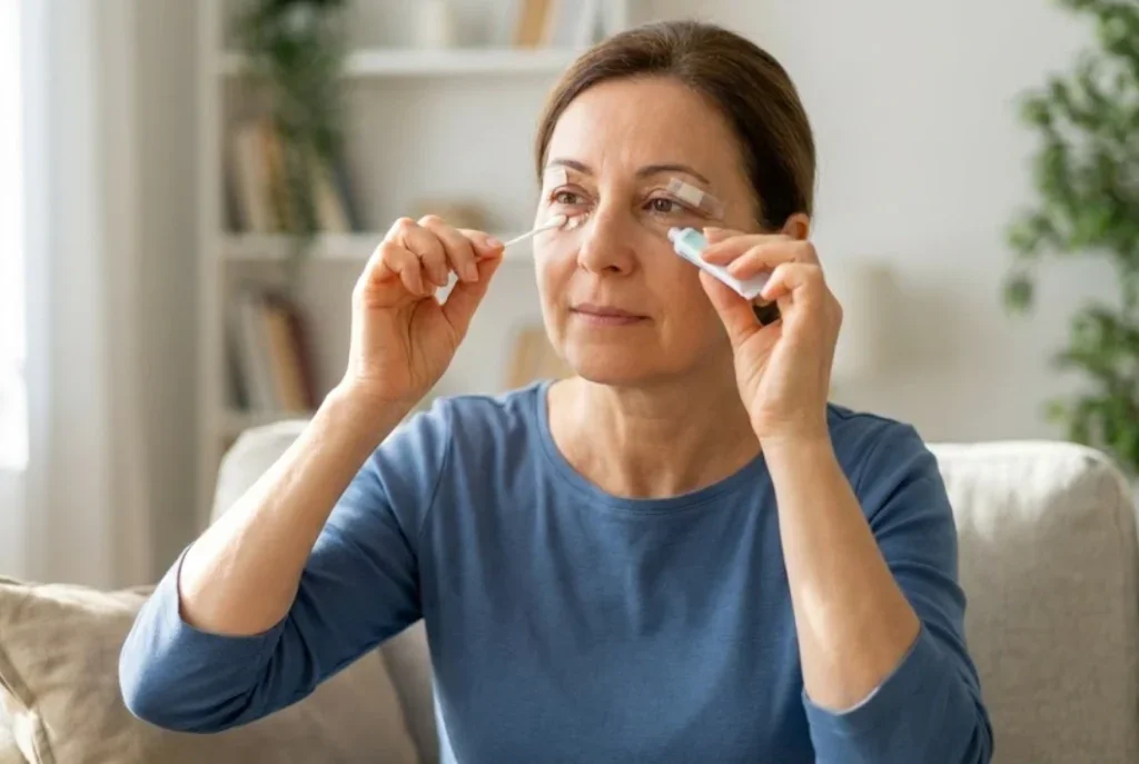 нанесение мази после операции века, уход дома