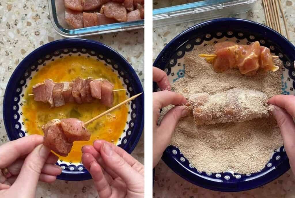 Two images side-by-side: Left shows marinated meat skewers dipped in beaten egg; right, the same skewers being coated in breadcrumbs. This classic City Chicken Recipe is a Polish American favorite, showcasing a unique blend of flavors and textures.