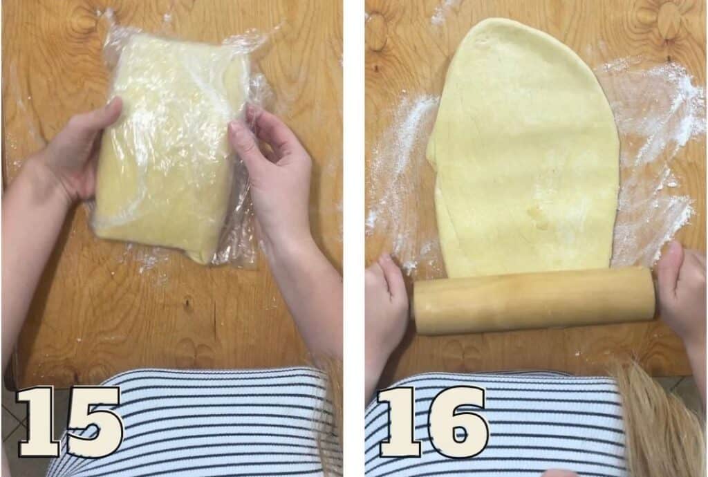 In this recipe for Rogale Świętomarcińskie, or Polish Saint Martin's Croissants, there's a two-step process: wrapping the dough in plastic (step 15) and then rolling it out with a rolling pin (step 16).