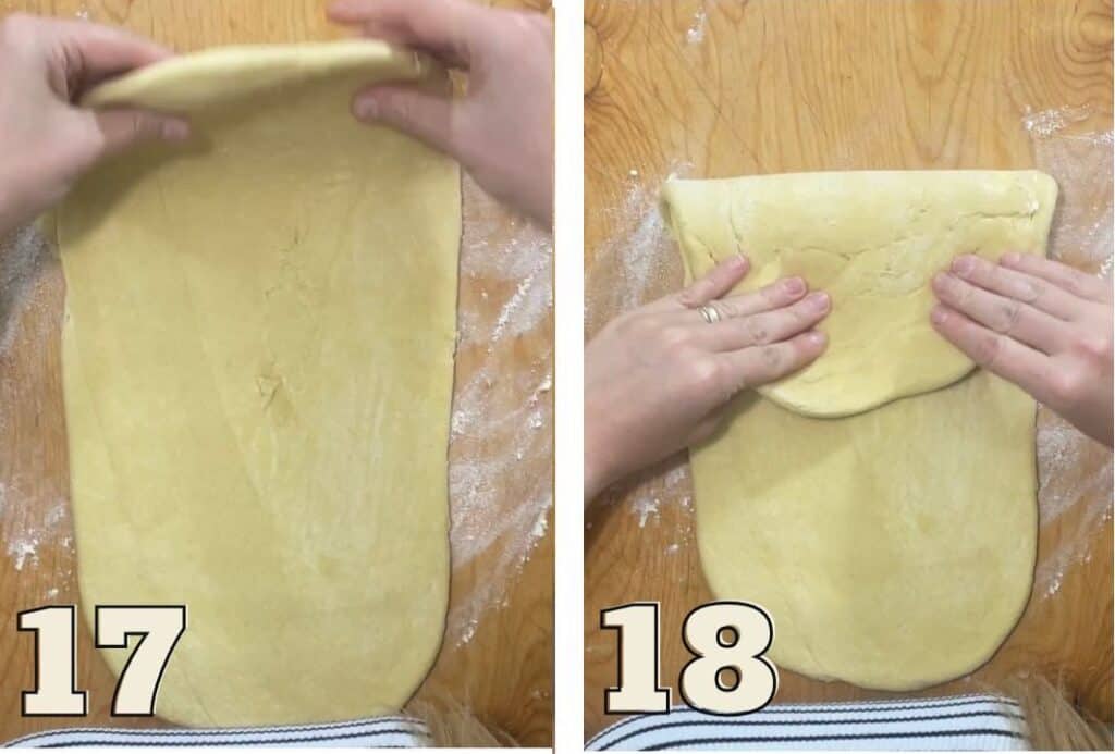 Two images depict hands skillfully folding dough for Saint Martin's Croissants on a floured wooden surface, numbered 17 and 18 in the step-by-step Polish recipe.