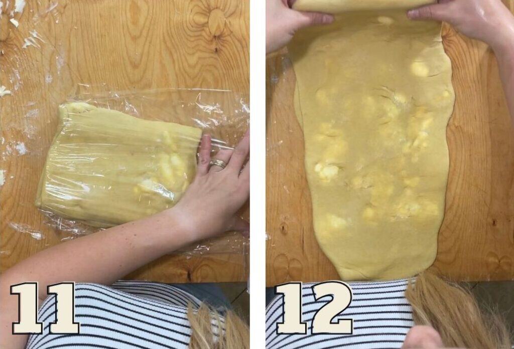 In a two-step process for preparing Saint Martin's Croissants, the left image shows dough wrapped in plastic as hands carefully cover it, while the right image depicts hands skillfully rolling out the dough on a wooden surface.