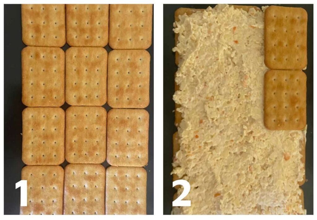 Two images side by side: Image 1 shows twelve plain saltine crackers; Image 2 illustrates a simple recipe with crackers covered in a spread, layered like a salad, with one plain cracker on top.